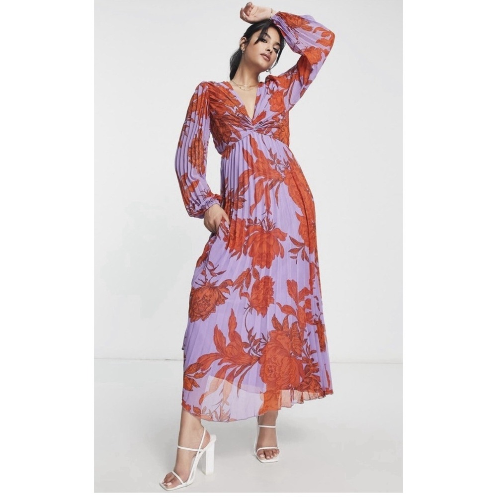 ASOS DESIGN pleated bodice plunge neck midi dress in floral print Size 0
